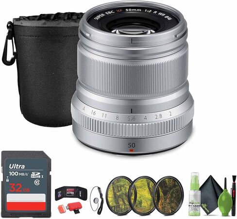 حزمة Fujifilm XF 50mm F/2 R WR (الفضة) مع حقيبة العدسة + بطاقة ذاكرة 32 جيجابايت + 3PC MC Pro Filter Kit UV/CPL/F 46 + CAP Keeper + More in Kuwait
