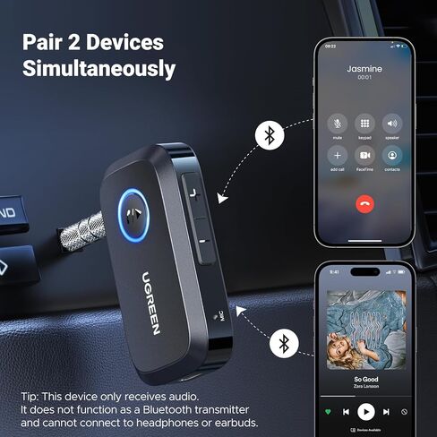 UGREEN 5.3 Aux Bluetooth Adapter for Car, [Greater Connection] 3.5mm Bluetooth Adapter Wireless Audio Receiver for Car Stereo/Home Stereo/Wired Headphones/Speaker, 15H Battery Life in Kuwait