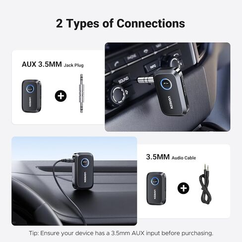 UGREEN 5.3 Aux Bluetooth Adapter for Car, [Greater Connection] 3.5mm Bluetooth Adapter Wireless Audio Receiver for Car Stereo/Home Stereo/Wired Headphones/Speaker, 15H Battery Life in Kuwait