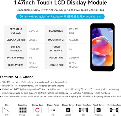 Waveshare 1.47inch LCD Display Module with Touch Panel, Compatible with Raspberry Pi/Pi Pico/ ESP32S3, Micro LCD Display, 172×320 Resolution, IPS, SPI and I2C Communication, 262K Display Color in Saudi Arabia
