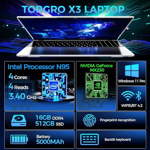 16 "ألعاب الكمبيوتر المحمول Core N95 ، Geforce MX230،16GB RAM ، 512GB SSD ، WIN 11 PRO ، FHD Display （1920 × 1200P ، الكمبيوتر التجاري ، WiFi 5 ، Bluetooth 4.2 ، لوحة مفاتيح الإضاءة الخلفية ، بصمات الأصابع ، المحفوظات الخفيفة الوزن الخفيفة ، in Kuwait