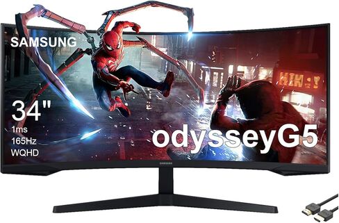 Samsung 34 "Odyssey G5 Monity Ultra-Wide Gaming Monitor ، 1000R منحني ، معدل تحديث 165 هرتز ، وقت استجابة 1 مللي ثانية ، Freesync Premium ، WQHD ، أسود ، مع MTC HDMI كابل ، LC34G55TWNXZA in Kuwait