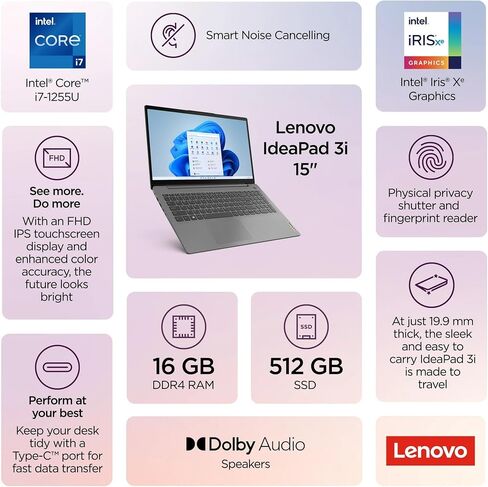 LENOVO IDEA PAD 3 جهاز كمبيوتر محمول شاشة تعمل باللمس باللون الرمادي Intel 10 -Core I7 حتى 4.7 جيجا هرتز 15.6in FHD 16GB RAM 512GB SSD Win 11 (ID3I7 - READED) in Kuwait
