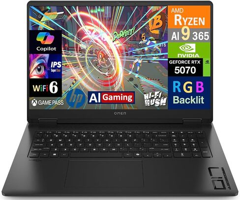 HP OMEN AI Gaming Mame Captop 17.3 "240Hz IPS QHD Display (AMD RYZEN AI 9 365 ، GEFORCE RTX 5070 8GB ، 64GB DDR5 ، 4TB PCIE SSD ، RGB KB ، WIFI 6 ، WebCAM ، Bluetooth 5.4 ، Win 11 in Kuwait