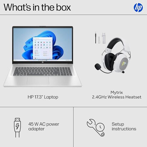 HP 17.3 بوصة كمبيوتر محمول ، شاشة FHD ، AMD Ryzen 5 7430U ، ذاكرة الوصول العشوائي 16 جيجابايت ، 512 جيجا بايت SSD ، AMD Radeon Graphics ، Windows 11 Pro ، Natural Silver ، Webcam ، HDMI ، Wi-Fi 6 ، Ai Copilot Key ، W/Mytrix ملحق in Kuwait