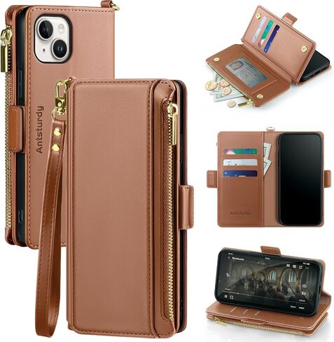 Antsturdy Compatible with iPhone 13 mini Wallet Case【RFID Blocking】 PU Leather Phone Case Women Men Flip Shockproof Cover Wrist Strap Zipper Credit Card Holder Slots for Apple 13 mini 2021.Black in Kuwait