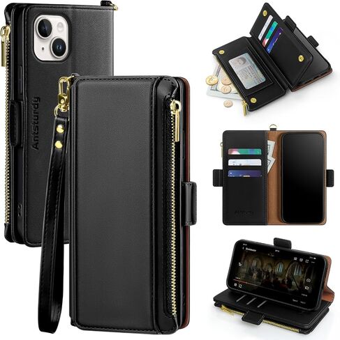 Antsturdy Compatible with iPhone 13 mini Wallet Case【RFID Blocking】 PU Leather Phone Case Women Men Flip Shockproof Cover Wrist Strap Zipper Credit Card Holder Slots for Apple 13 mini 2021.Black in Kuwait