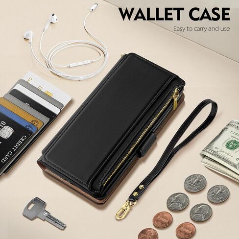 Antsturdy Compatible with iPhone 13 mini Wallet Case【RFID Blocking】 PU Leather Phone Case Women Men Flip Shockproof Cover Wrist Strap Zipper Credit Card Holder Slots for Apple 13 mini 2021.Black in Kuwait