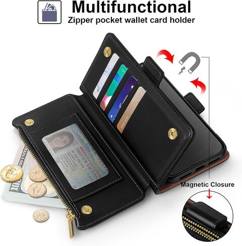 Antsturdy Compatible with iPhone 13 mini Wallet Case【RFID Blocking】 PU Leather Phone Case Women Men Flip Shockproof Cover Wrist Strap Zipper Credit Card Holder Slots for Apple 13 mini 2021.Black in Kuwait