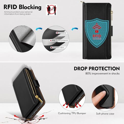 Antsturdy Compatible with iPhone 13 mini Wallet Case【RFID Blocking】 PU Leather Phone Case Women Men Flip Shockproof Cover Wrist Strap Zipper Credit Card Holder Slots for Apple 13 mini 2021.Black in Kuwait