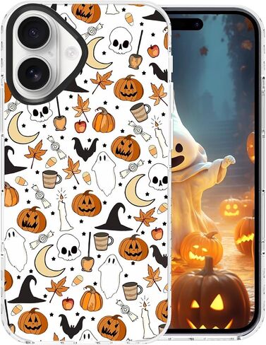 Halloween Case Compatible for iPhone 16 Pro Max Ghost Case with Cute Skull Bat Pumpkin Ghost Pattern Designed Clear Soft TPU+Black Camera Frame Protection Anti-Scratch Anti-Slip Phone Cover in Kuwait