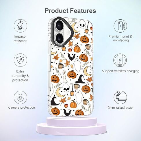 Halloween Case Compatible for iPhone 16 Pro Max Ghost Case with Cute Skull Bat Pumpkin Ghost Pattern Designed Clear Soft TPU+Black Camera Frame Protection Anti-Scratch Anti-Slip Phone Cover in Kuwait