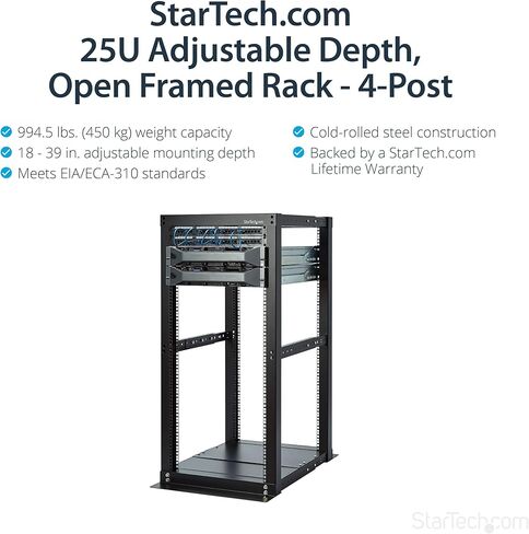 StartEch.com 25U رف خادم الإطار المفتوح - 994 رطل - 4 عمق آخر قابل للتعديل (18.3 "إلى 39.3") رف معدات الشبكة/ الاتصالات W/ العجلات (4PoStrack25) in Kuwait