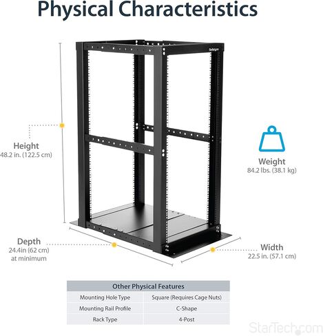 StartEch.com 25U رف خادم الإطار المفتوح - 994 رطل - 4 عمق آخر قابل للتعديل (18.3 "إلى 39.3") رف معدات الشبكة/ الاتصالات W/ العجلات (4PoStrack25) in Kuwait
