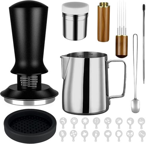 23Pcs Espresso Accessories, 51mm Coffee Espresso Tamper Kit, Espresso Machine Accessories Set, with Espress Stirrer | 350ml Milk Pitcher | Coffee Powder Dispenser | Latte Art Kit for Espresso Machine in Saudi Arabia