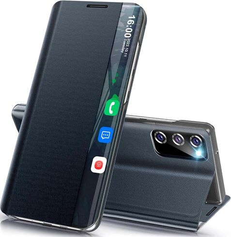 بالنسبة إلى Samsung Galaxy S20 Fe 5G Case View Leather Window Leather for Samsung S20 FE Case Slim Mirror Hard PC Kickstand Flip Galaxy Galaxy S20 FE 5G غطاء واقعي (أزرق عميق) in Kuwait