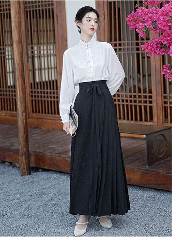 تنورة نسائية من Hanfu ذات وجه حصان صيني تنانير ذات ثنيات وربطة عنق Seft مطبوعة أنيقة على شكل حرف a تنورة طويلة متأرجحة in Saudi Arabia