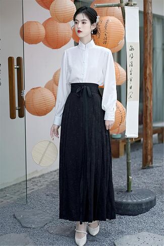 تنورة نسائية من Hanfu ذات وجه حصان صيني تنانير ذات ثنيات وربطة عنق Seft مطبوعة أنيقة على شكل حرف a تنورة طويلة متأرجحة in Saudi Arabia