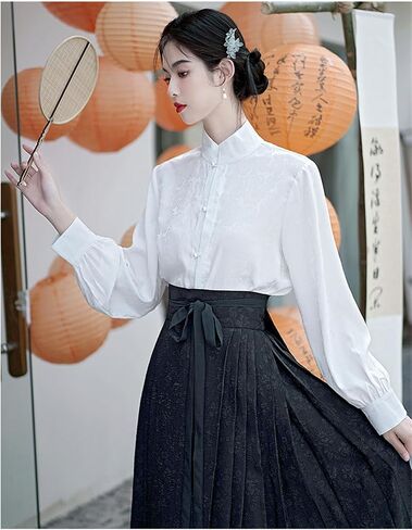 تنورة نسائية من Hanfu ذات وجه حصان صيني تنانير ذات ثنيات وربطة عنق Seft مطبوعة أنيقة على شكل حرف a تنورة طويلة متأرجحة in Saudi Arabia