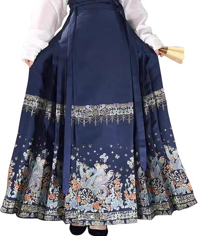 Women's Hanfu Chinese Horse Face Skirt Pleated Skirts Seft Tie Floal Printed Elegant A-Line Long Swing Maxi Skirt in Kuwait