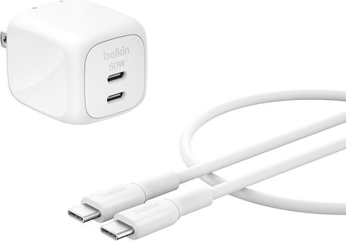 Belkin 2-Port USB C Charger Block 50W ، شاحن GAN ثنائي المنفذ W/ 2x USB C Ports وشملت 1M C-C كابل ، شحن سريع لـ MacBook ، iPhone ، iPad ، Chromebook ، Galaxy ، Pixel-Travel Essentials-White in Kuwait