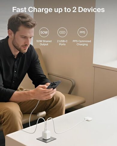 Belkin 2-Port USB C Charger Block 50W ، شاحن GAN ثنائي المنفذ W/ 2x USB C Ports وشملت 1M C-C كابل ، شحن سريع لـ MacBook ، iPhone ، iPad ، Chromebook ، Galaxy ، Pixel-Travel Essentials-White in Kuwait