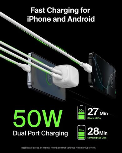 Belkin 2-Port USB C Charger Block 50W ، شاحن GAN ثنائي المنفذ W/ 2x USB C Ports وشملت 1M C-C كابل ، شحن سريع لـ MacBook ، iPhone ، iPad ، Chromebook ، Galaxy ، Pixel-Travel Essentials-White in Kuwait