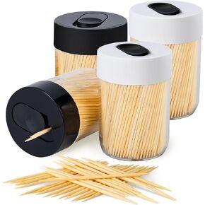 Urbanstrive Sturdy Safe Toothpick Holder with 1600 Natural Wood Toothpicks for Teeth Cleaning, Unique Home Design Decoration, 4 Pack, 4Color