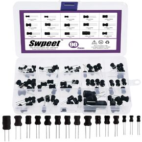 Swpeet 90Pcs 15 Values Inductor 10UH - 20MH Assortment Kit, High Self-Resonance Frequency Choke Coil Inductors DIP Radial Power Choke Inductors for PVC or UL Tube (90)