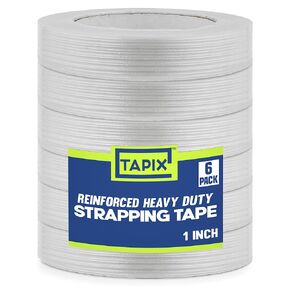 Strapping Tape 1 inch x 60 yds, (6 Pack) Fiberglass Tape Super Strong Reinforced Tear Resistant Clear Strapping Tape Holds up to 120 LB.