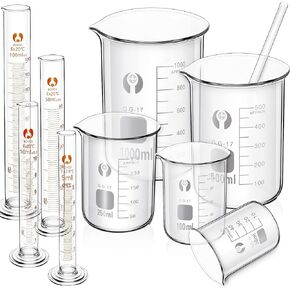 Feekoon 10 Pieces Glass Measuring Beaker and Graduated Measuring Cylinder with Stirring Rod 50/100/ 250/500/ 1000 ml Thick Glass Beakers and 5/10/ 50/100 ml Graduated Cylinders for Science Lab