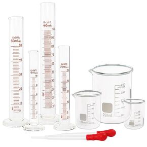 SUPERLELE Glass Graduated Cylinder Set 10ml 25ml 50ml 100ml, Thick Glass Beaker Set 50ml 100ml 250ml with 2 Droppers