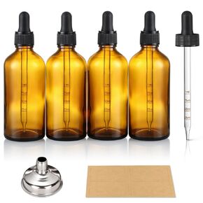 4 oz Dark Amber Dropper Bottles with Measured Dropper 4 Pack - 120ml Glass Tincture Bottles with Graduated Eye Droppers for Essential Oils, Liquids - Leakproof for Travel - with 1 Funnel & 4 Labels