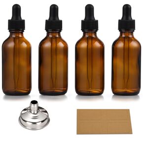 4 Pack 1 oz Glass Dropper Bottles with Measured Dropper - 30ml Dark Amber Tincture Bottles with Graduated Eye Droppers for Essential Oils - Leakproof for Storage and Travel - with 1 Funnel & 4 Labels