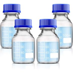 Patelai 4 Pieces Round Media Storage Bottles Storage Glass Bottles Borosilicate Media Glass Bottles with GL45 Blue Screw Cap for Lab Water Reagent Liquids (250 ml)