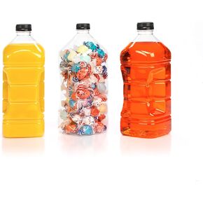 (4) 64 oz. Clear Food Grade Plastic Juice Bottles with Tamper Evident Caps 4/pack (Black Lids)