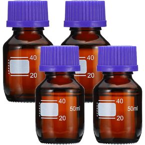 PATIKIL 4 Pack Reagent Media Storage Bottles, 50ml Borosilicate Glass Graduated Round Bottles with GL45 Blue Screw Cap for Lab Water Reagent Liquids, Brown