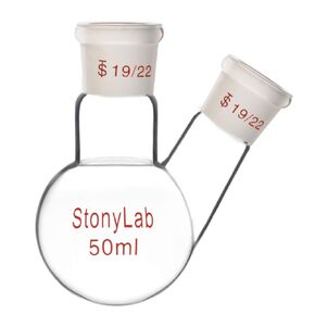 StonyLab Glass 500ml Heavy Wall 2 Neck Round Bottom Flask RBF, with 19/22 Center and Side Standard Taper Outer Joint - 500mL