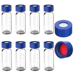 2ml Autosampler Vials 100 Pack - HPLC Vial | 9-425 Amber Vial with Blue Screw Caps | Writing Patch | Graduation | White PTFE & Red Silicone Septa Fit for LC Sampler
