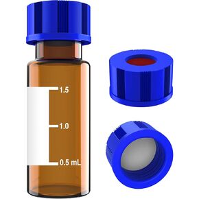Autosampler Vials 2mL, HPLC/GC Sample Vials, with Writing Area and Graduations, 9-425 Screw Cap, Blue PTFE & White Silicone Pre-Slit Septa, 100 PCS