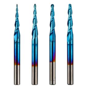 Genmitsu 4pcs 2-Flute Tapered Ball Nose End Mills Tungsten Carbide Cutter with Nano Blue Coat, R0.25-1.0, 1/8" Shank, TB04A