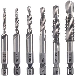 6 PCS Combination Drill and Taps Bit Set, Metric HSS 4341 M3*0.5, M4*0.7, M5*0.8, M6*1.0, M8*1.25 and M10*1.5 Threaded Drill Tap Set with 1/4" Hex Shank for Drilling Tapping Countersinking in Kuwait