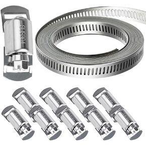 304 Stainless Steel Hose Clamps - For DIY,Cut-To-Fit 11.5 FT Metal Strap + 10 Stronger Fasteners Assortment Kit Large Adjustable Worm Gear Band Screw Clamps Duct Pipe Metal Clamp Strapping