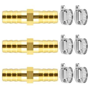 Da by 3 pcs 1/4"(6mm) Brass Barb Splicer Mender Hose Barb Fitting with 6 pcs Stainless Steel Pipe Clamps for Water/Fuel/Air