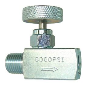 PIC Gauges NVS-CS-1/4-GS180-MXM Carbon Steel Small Body Straight Needle Valve w/ Round Handle (Gas), 1/4" Male NPT x 1/4" Male NPT, 6000 psi Pressure