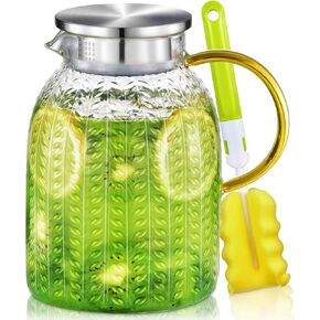 Aofmee Glass Pitcher, 68oz Water Pitcher with Lid and Precise Scale Line, 18/8 Stainless Steel Iced Tea Easy Clean Heat Resistant Borosilicate Jug for Juice, Milk, Cold or Hot Beverages