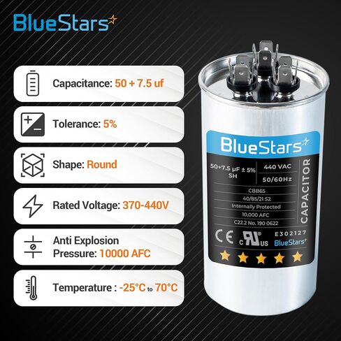 BlueStars 50+7.5 فائق التوهج MFD ±5% 370 أو 440 فولت AC CBB65B مكثف دائري مزدوج التشغيل - مناسب تمامًا لمكيف الهواء المكثف المستقيم البارد أو الحراري - يستبدل PW-CAP-50/7.5/440R، P291-5074RS، in Saudi Arabia