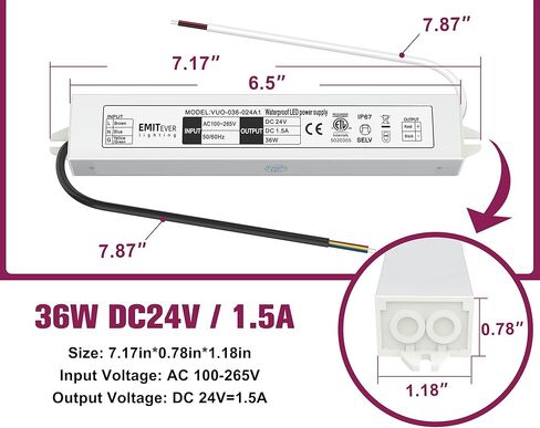 EMITEVER 24Volt LED Power Supply Driver 12W 2-Pack، ETL المدرجة IP67 محول الجهد المنخفض، محول 120V AC إلى 24V DC لشريط LED، وأضواء شريط خزانة الأضواء والإضاءة الخارجية... in Saudi Arabia