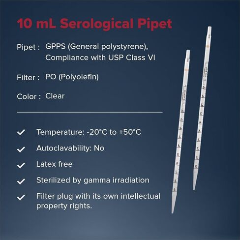 Serological Pipet 5 mL, Lab Pipets, Latex Free, DNase/RNase Free, Non Pyrogenic, Non Cytotoxic, Individual Polyolefin Filter Plug, Gamma Irradiation Sterilized, Polystyrene, 200 Pack in Saudi Arabia