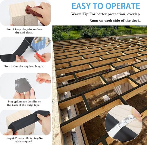 Deck Joist Tape 2''×50',4 Pack Weather-Resistant Joist Tape for Decking,Waterproof Seal Antiseptic Butyl Decking Tape,Self-Adhesive Flashing JoistsTape for Wood Decks Beams Roof in Saudi Arabia